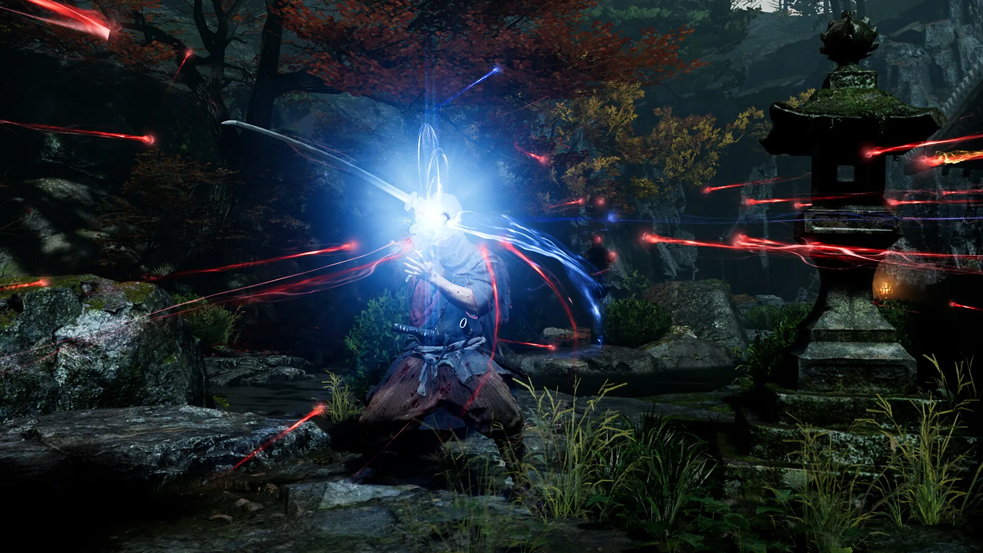 Musashi kneels in a forest shrine as blue and red souls stream into the glowing Oni Gauntlet