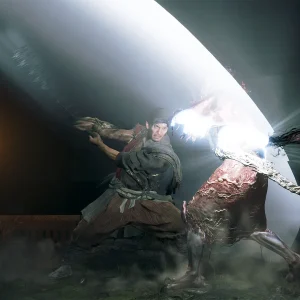 A bright flash of light as Musashi parries a four-legged Genma charging at him in the dark