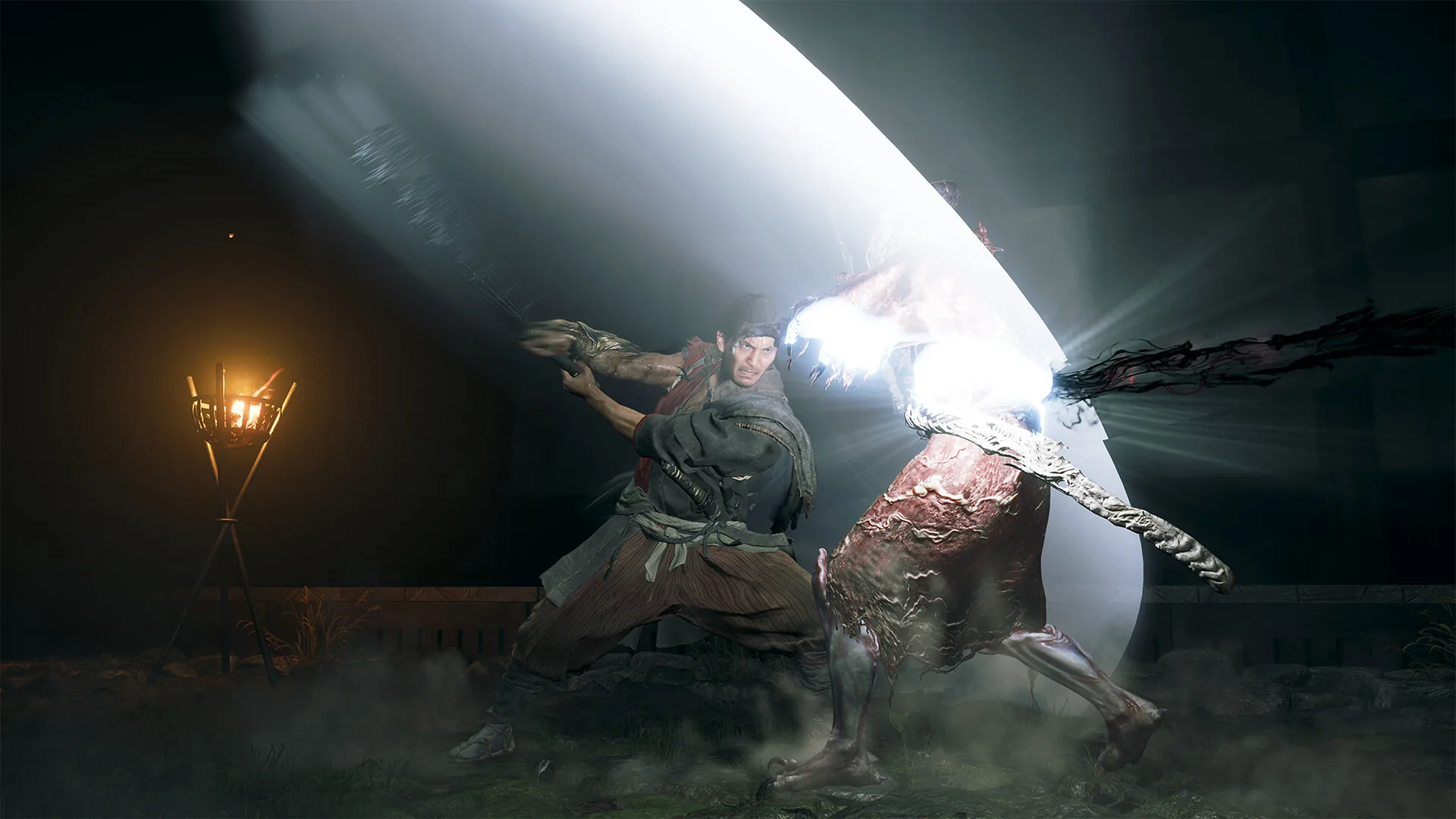 A bright flash of light as Musashi parries a four-legged Genma charging at him in the dark
