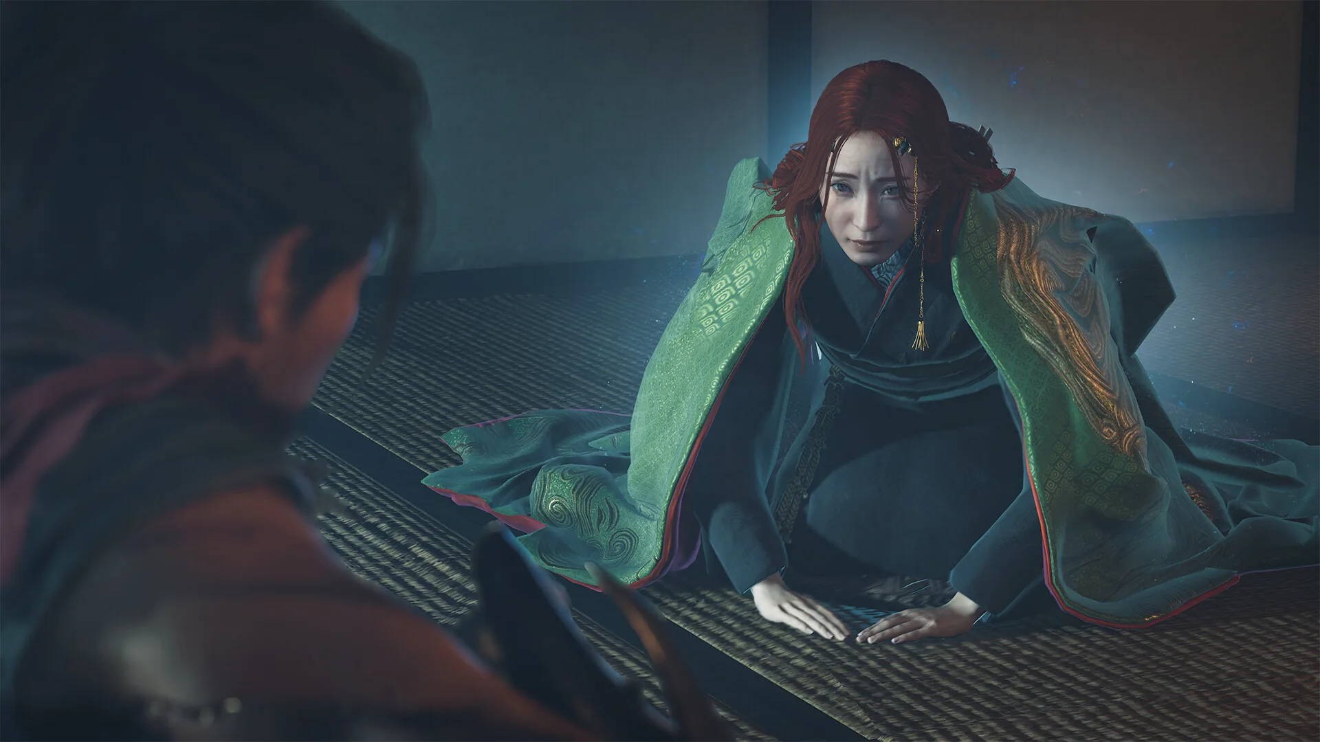 A red haired woman in a green and black kimono kneels on tatami matting facing Musashi