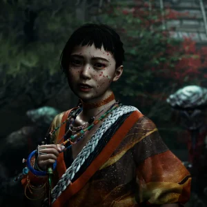 Close up of a young character in a striped orange kimono holding a small blue trinket, with a Genma behind her