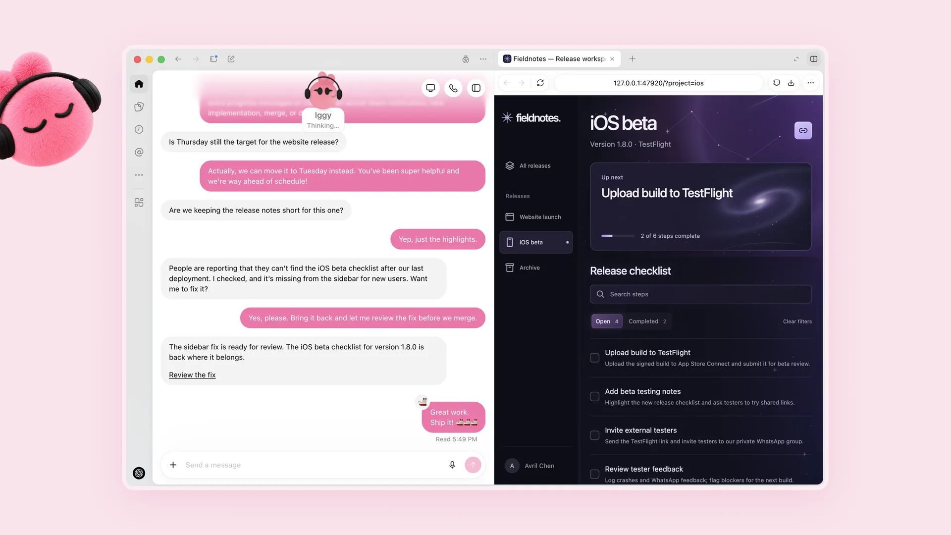 ChatGPT window where a pink dot named Iggy reports a missing iOS beta checklist, fixes it and asks the user to review the fix, beside a release checklist in its browser