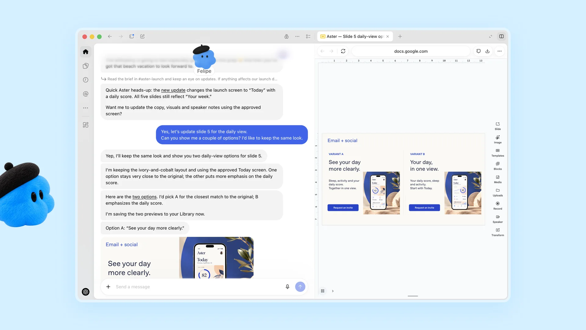 ChatGPT window where a blue dot named Felipe offers two versions of a launch slide after a product change, with the slide open in Google Slides beside the chat