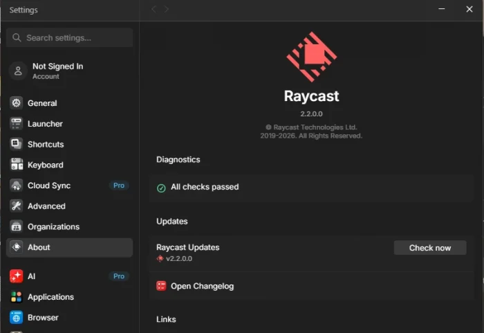 raycast settings about diagnostics