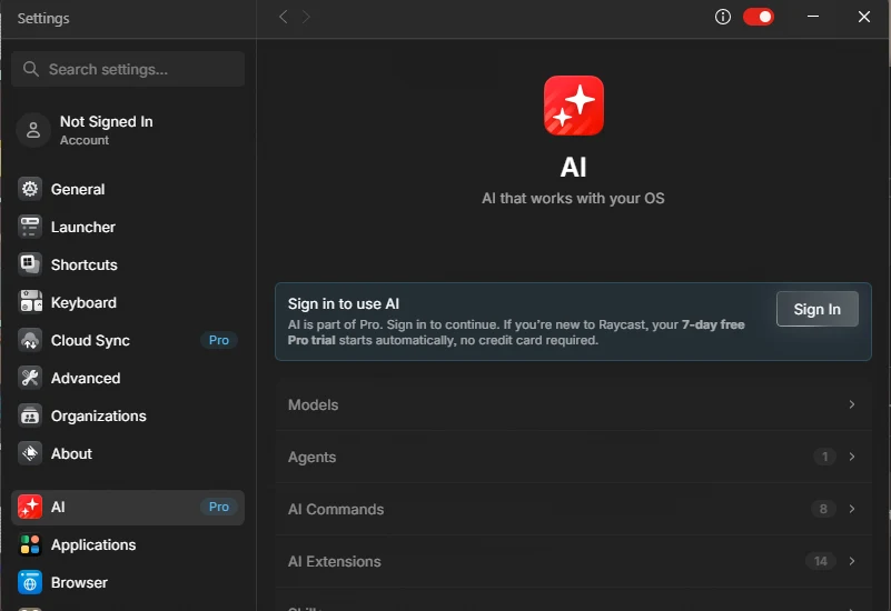 Raycast AI settings on Windows showing models, agents, AI commands and extensions