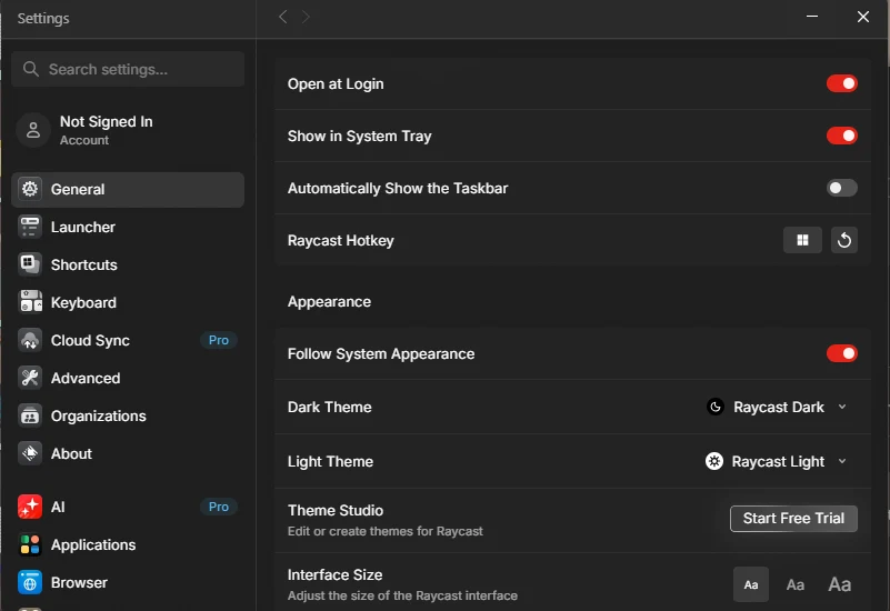 Raycast General settings on Windows showing the hotkey, startup and appearance options