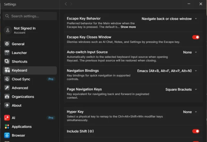 raycast settings keyboard shortcuts
