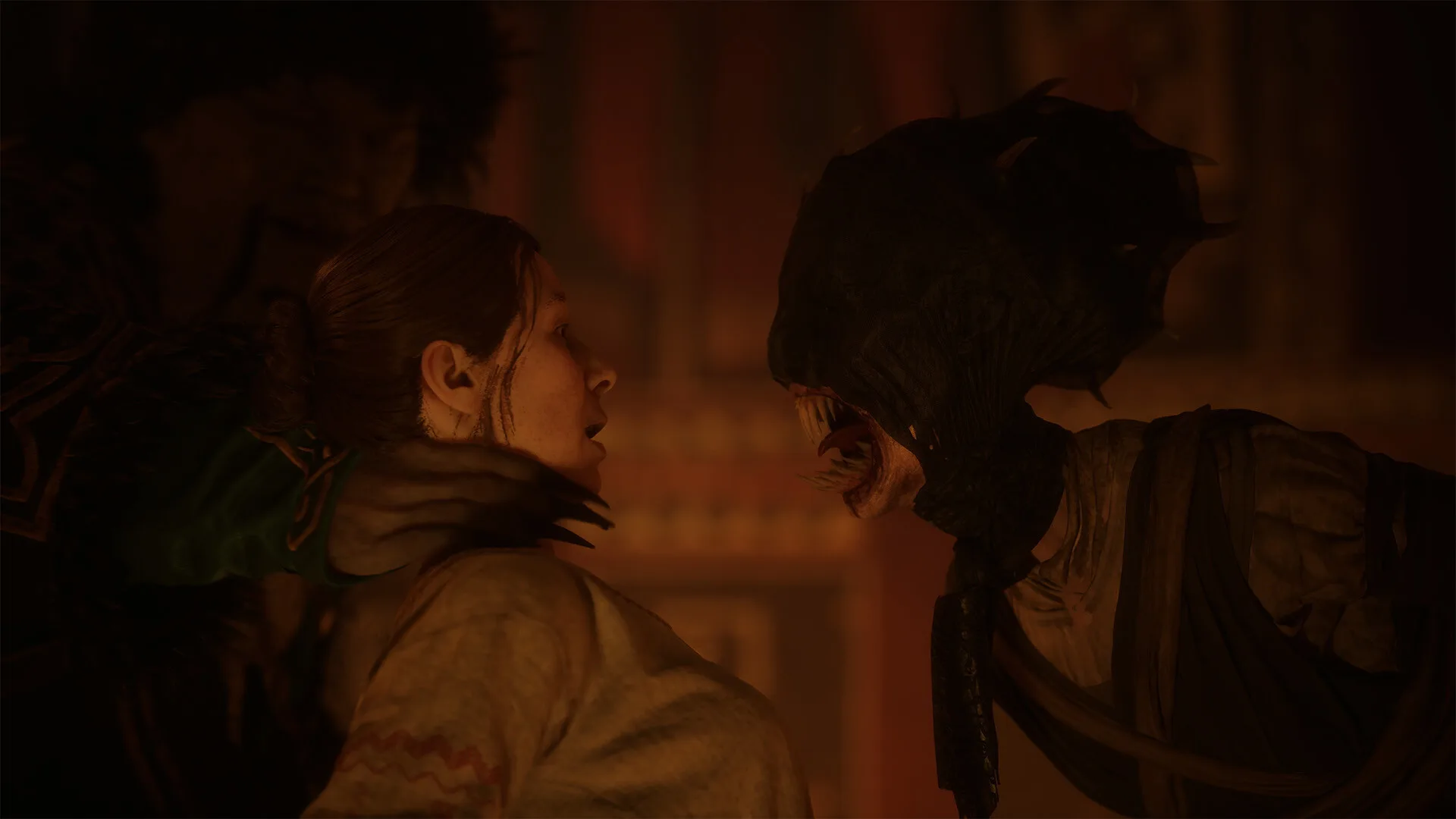 A close up tense confrontation between two characters by firelight in The Blood of Dawnwalker