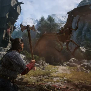 Coen fighting a giant creature on a mountain battlefield in The Blood of Dawnwalker
