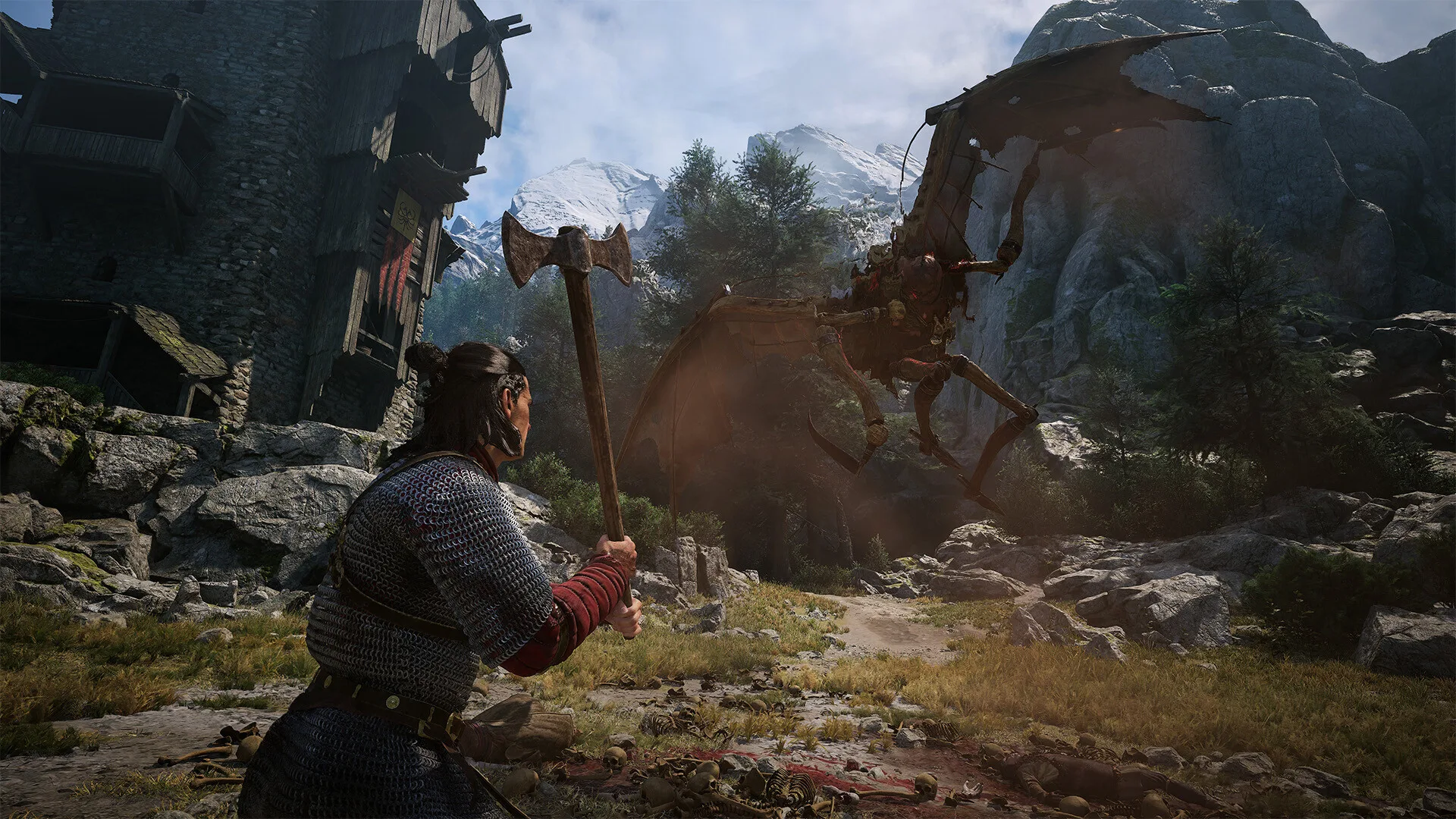 Coen fighting a giant creature on a mountain battlefield in The Blood of Dawnwalker