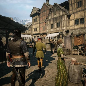 Coen and a companion walking through a medieval market village in The Blood of Dawnwalker