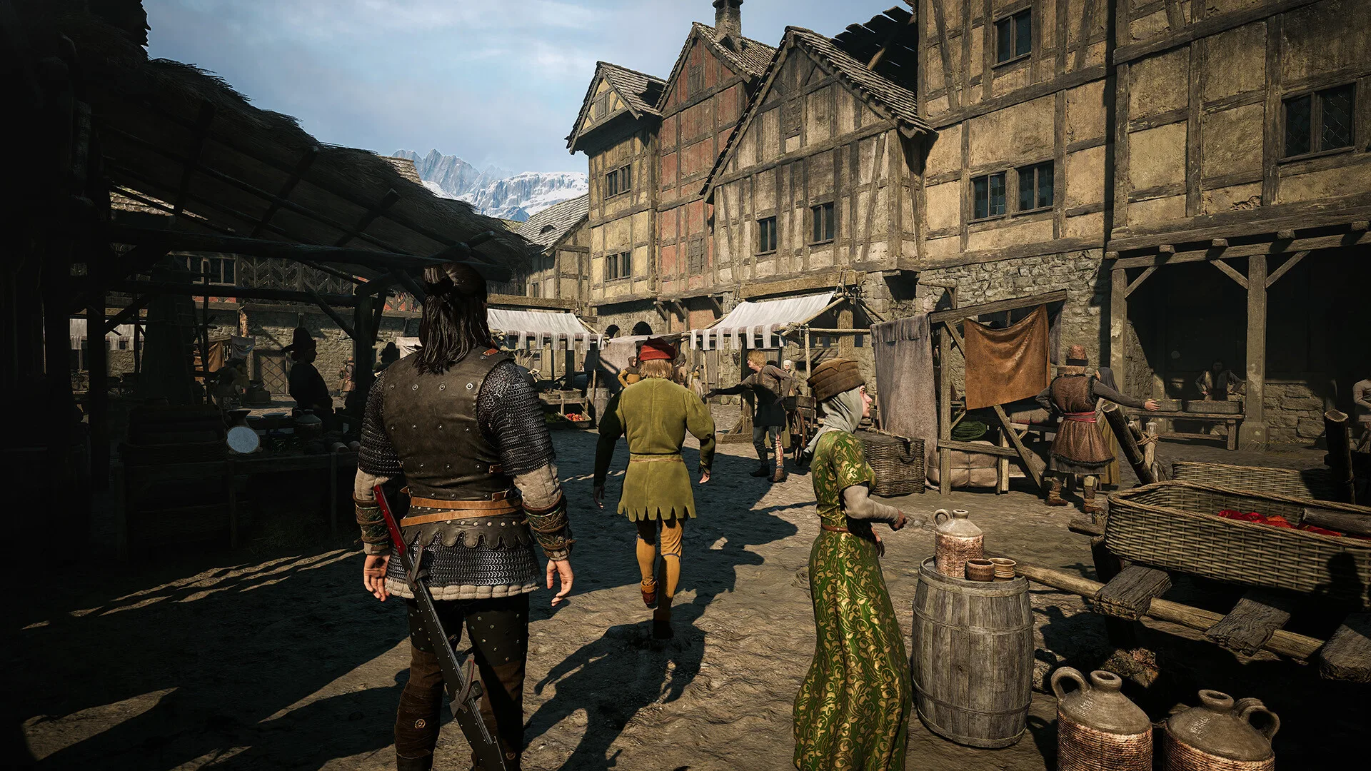 Coen and a companion walking through a medieval market village in The Blood of Dawnwalker