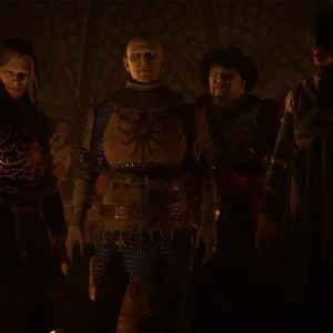 Coen facing armored nobles in a candlelit hall in The Blood of Dawnwalker