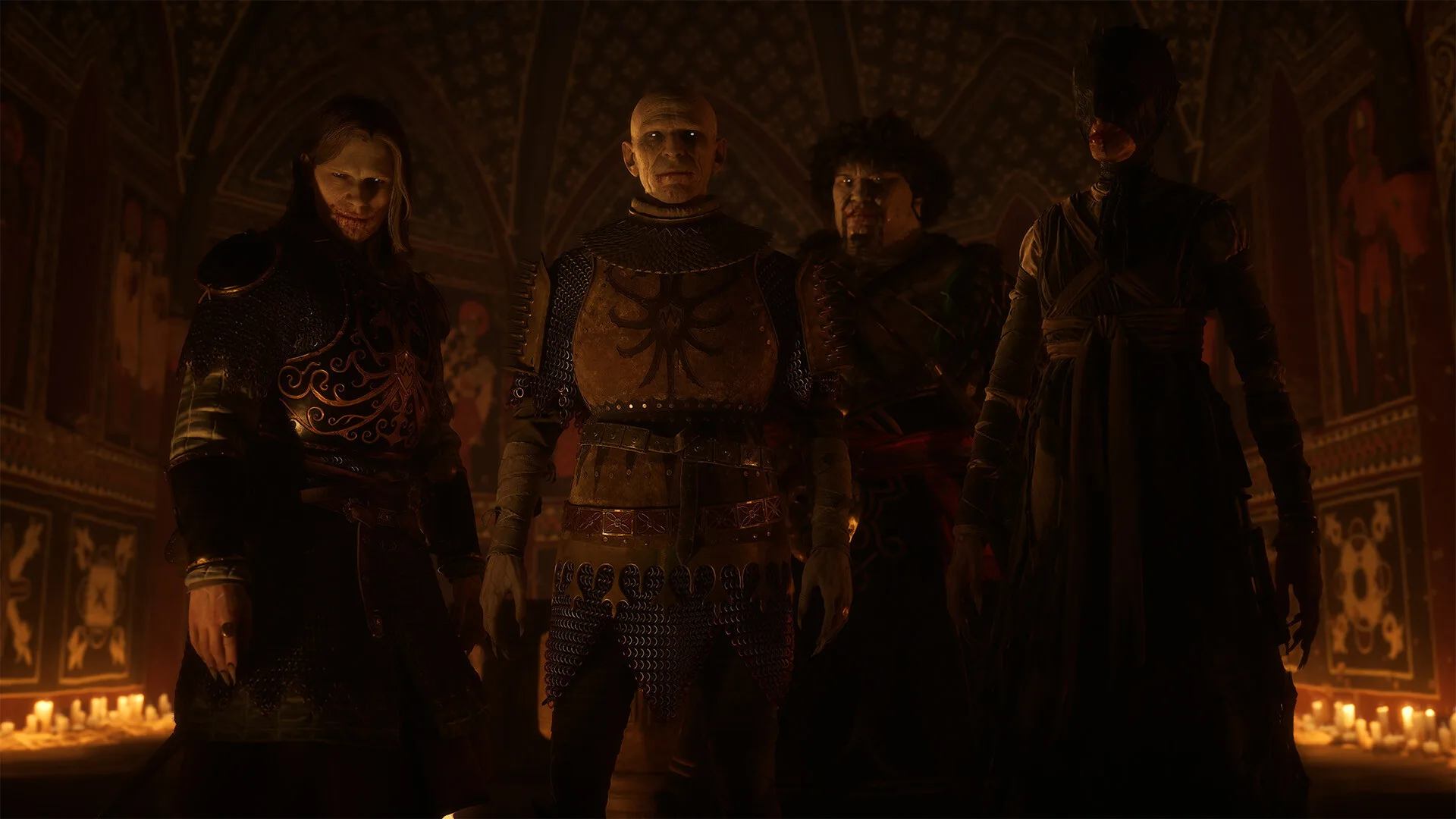 Coen facing armored nobles in a candlelit hall in The Blood of Dawnwalker