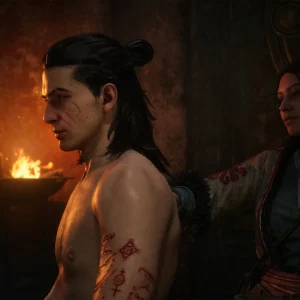 Coen shirtless with scars in a firelit conversation scene in The Blood of Dawnwalker