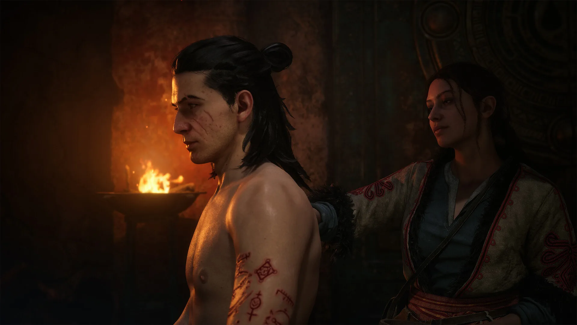 Coen shirtless with scars in a firelit conversation scene in The Blood of Dawnwalker