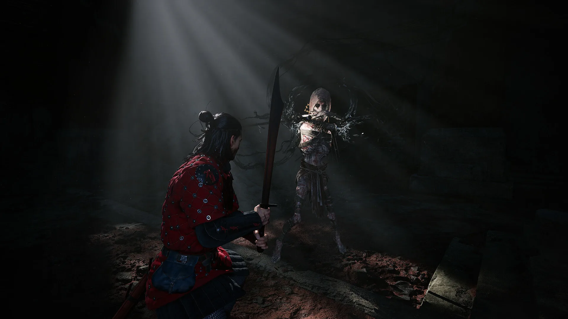 Coen with sword drawn facing a ghostly figure in ruins in The Blood of Dawnwalker