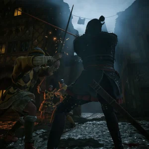 Coen in a sword fight on a torchlit village street at night in The Blood of Dawnwalker