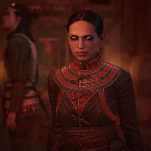 A woman in a red embroidered medieval coat in The Blood of Dawnwalker