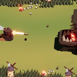 A small Wanderburg castle firing a cannonball across a field at a much larger spiked enemy fortress with red roofs