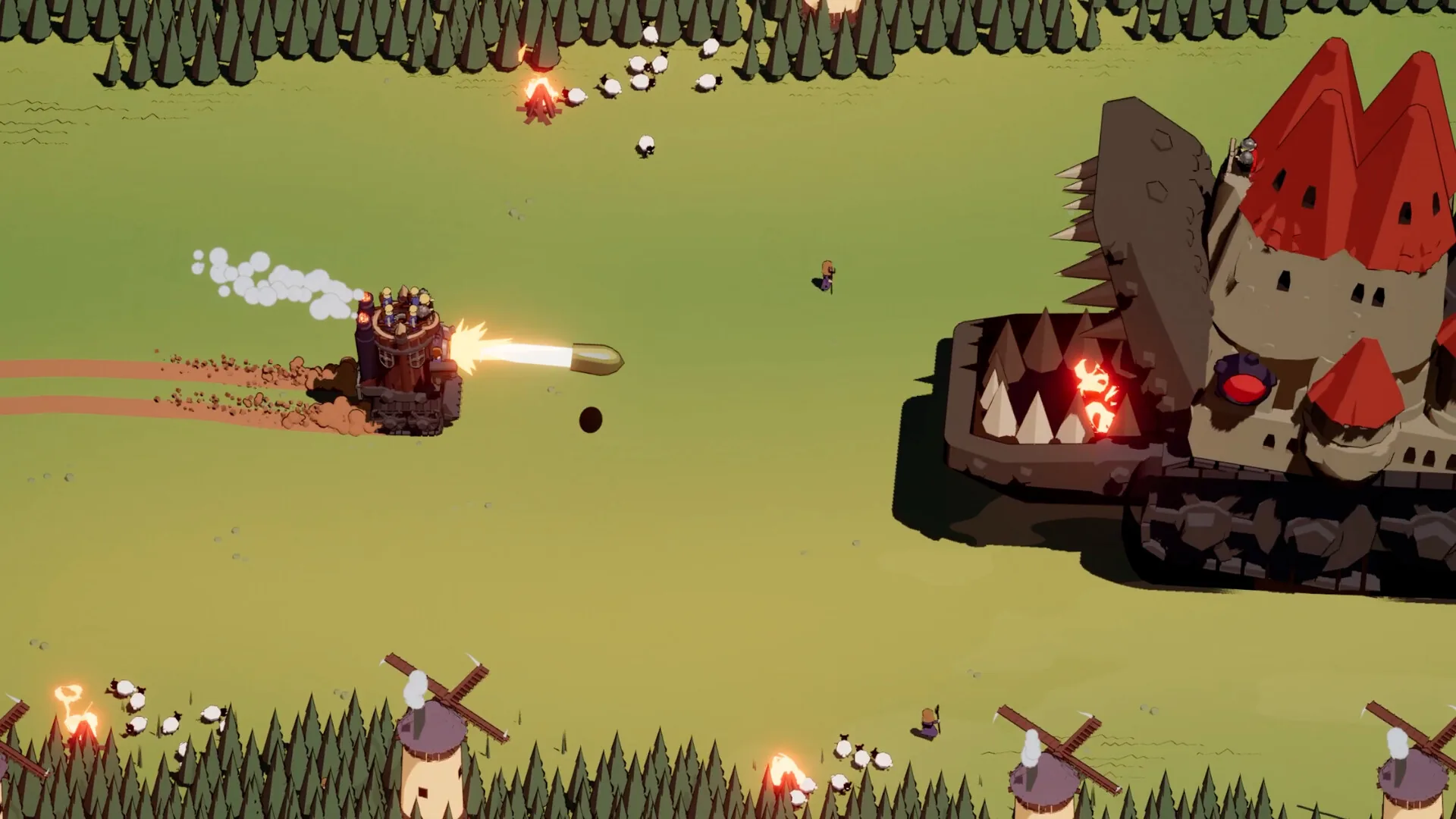 A small Wanderburg castle firing a cannonball across a field at a much larger spiked enemy fortress with red roofs