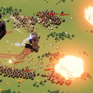 A rolling castle in Wanderburg firing artillery into a mass of tiny infantry on a green field, with two large explosions