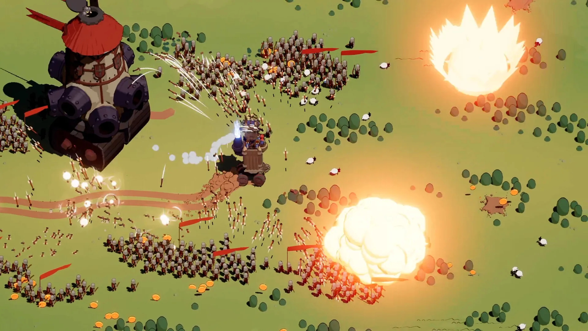 A rolling castle in Wanderburg firing artillery into a mass of tiny infantry on a green field, with two large explosions
