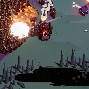 A Wanderburg castle at the edge of a dark swamp firing into a huge packed army of enemy troops at dusk