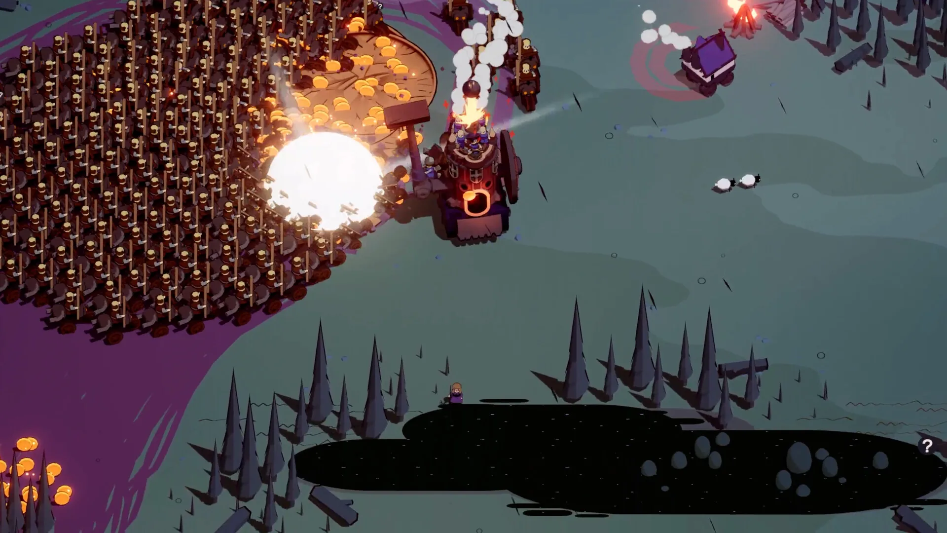 A Wanderburg castle at the edge of a dark swamp firing into a huge packed army of enemy troops at dusk