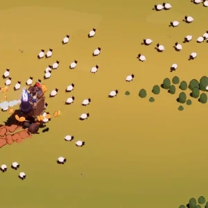 A Wanderburg castle rolling across golden grassland through a scattered flock of sheep