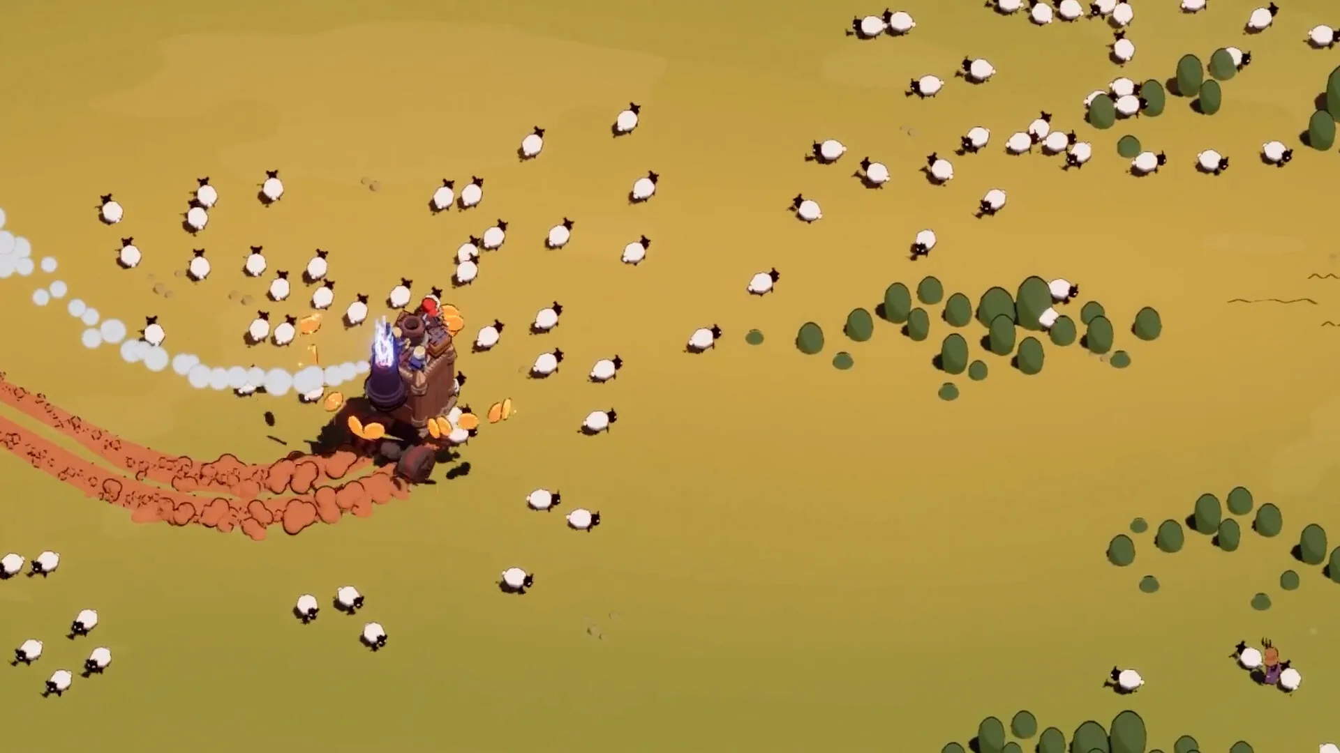 A Wanderburg castle rolling across golden grassland through a scattered flock of sheep