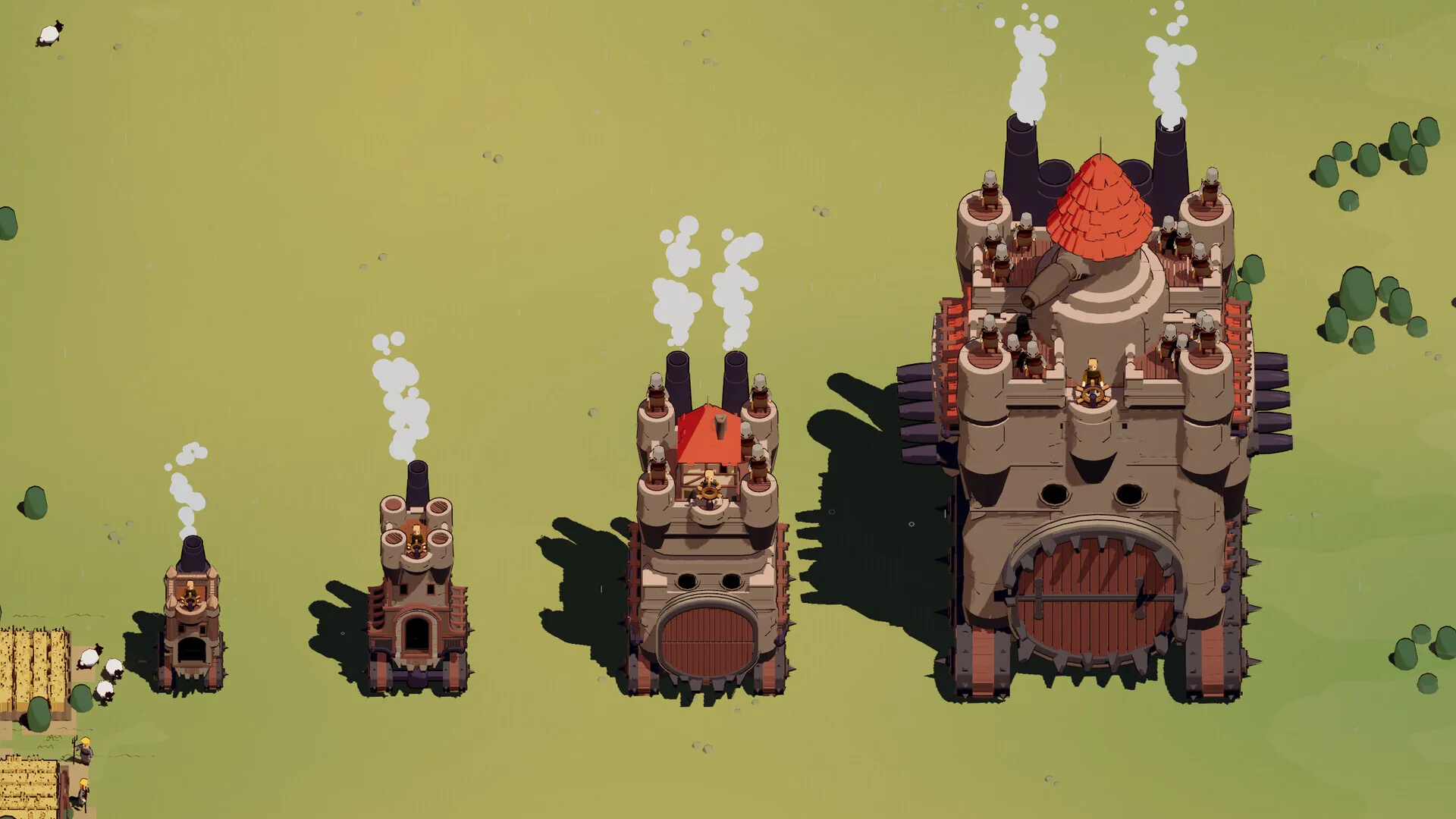 Four Wanderburg castles lined up side by side, from a small single tower to a large multi-tower stronghold, showing how the fortress grows