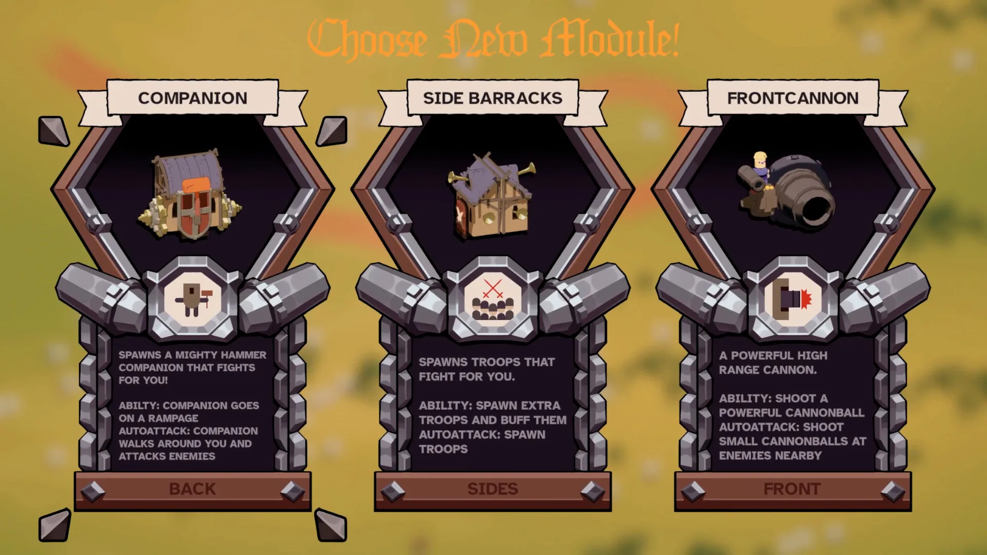 The Choose New Module screen in Wanderburg offering three upgrades: Companion, Side Barracks and Frontcannon, each with its ability described