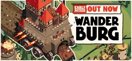 Wanderburg key art showing a red-roofed medieval castle mounted on wheels with cannons along its side