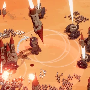 A large red-roofed enemy stronghold in Wanderburg firing rockets across orange badlands while explosions erupt below it
