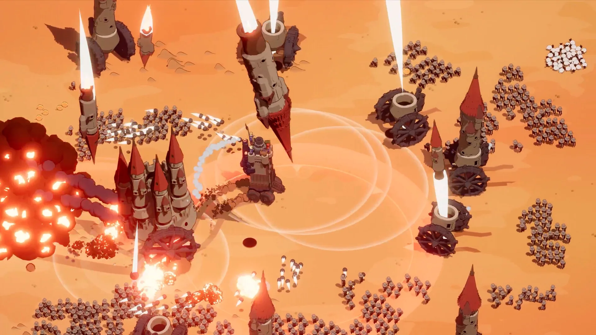 A large red-roofed enemy stronghold in Wanderburg firing rockets across orange badlands while explosions erupt below it