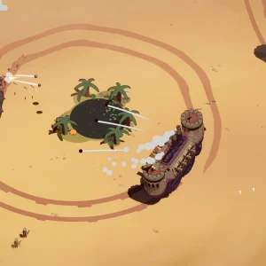Three mobile fortresses in Wanderburg circling a small palm oasis in the desert, leaving curved track marks in the sand