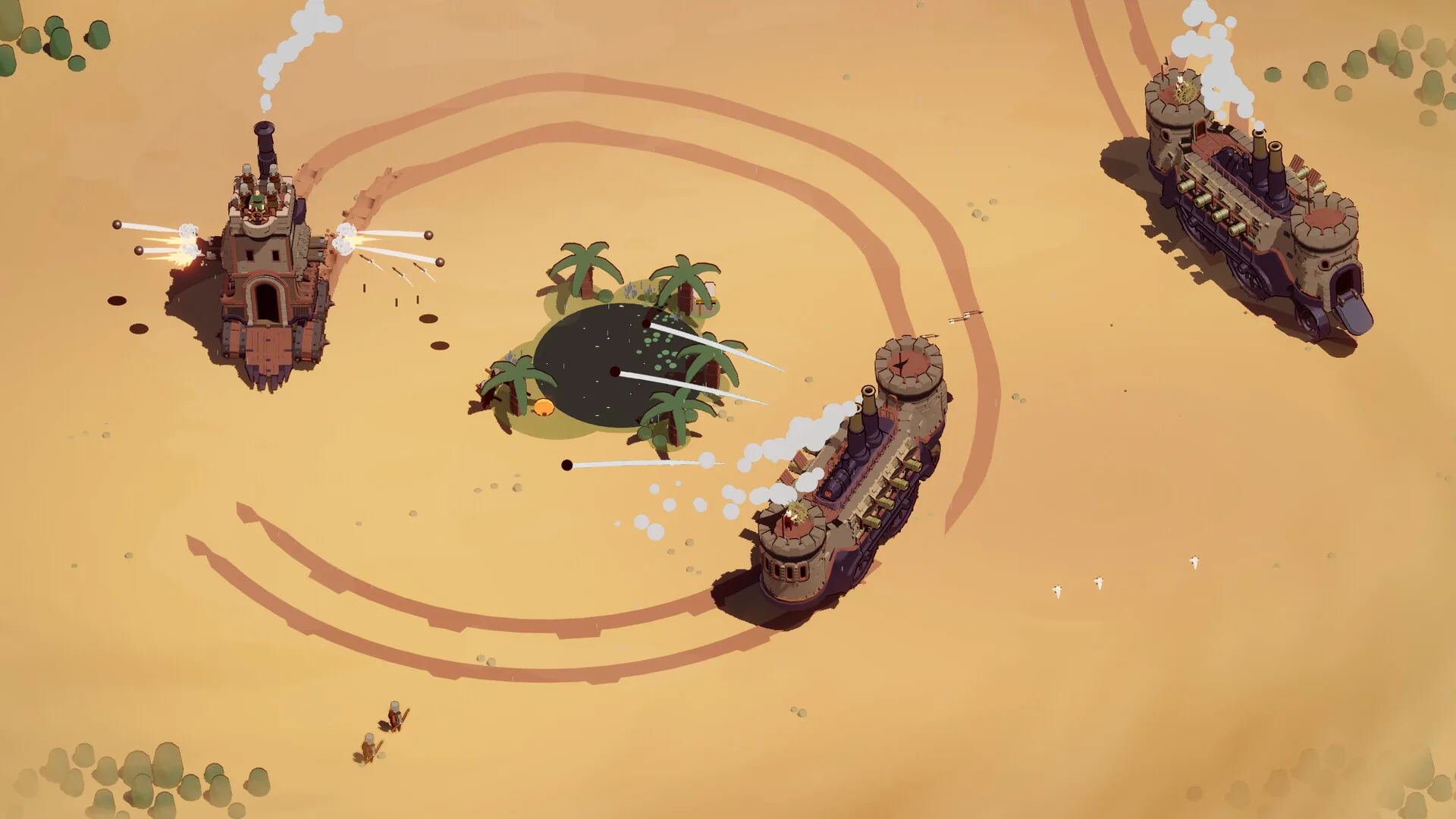 Three mobile fortresses in Wanderburg circling a small palm oasis in the desert, leaving curved track marks in the sand