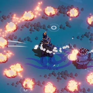 A night battle in Wanderburg with dozens of glowing fireballs raining down around two mobile castles