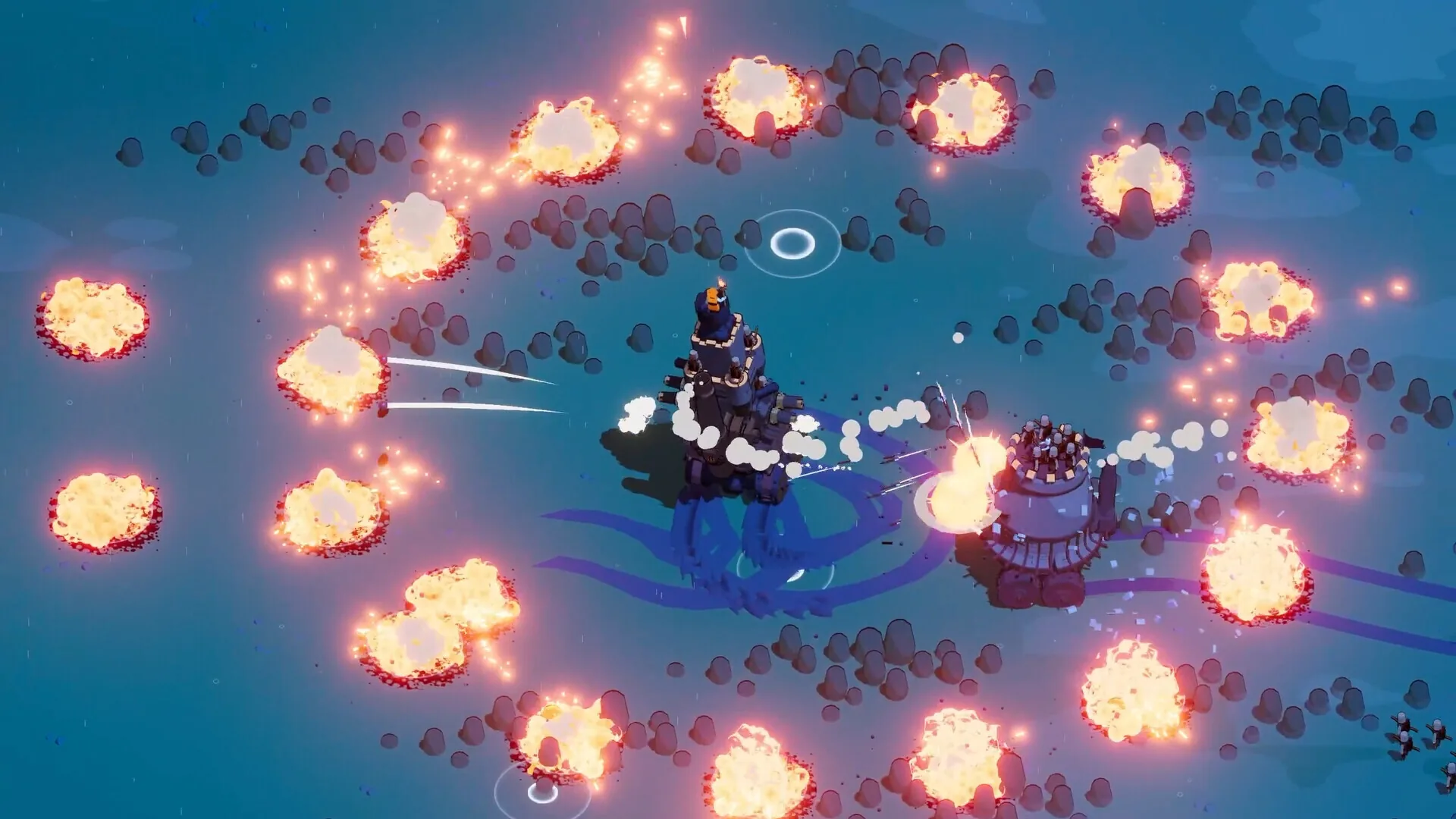 A night battle in Wanderburg with dozens of glowing fireballs raining down around two mobile castles