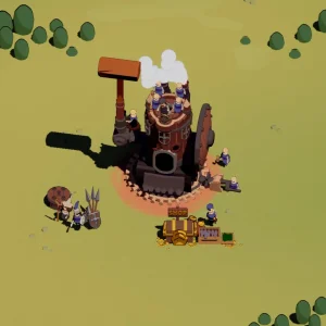 A small starting castle in Wanderburg with a hammer-wielding companion walking beside it next to a treasure cart