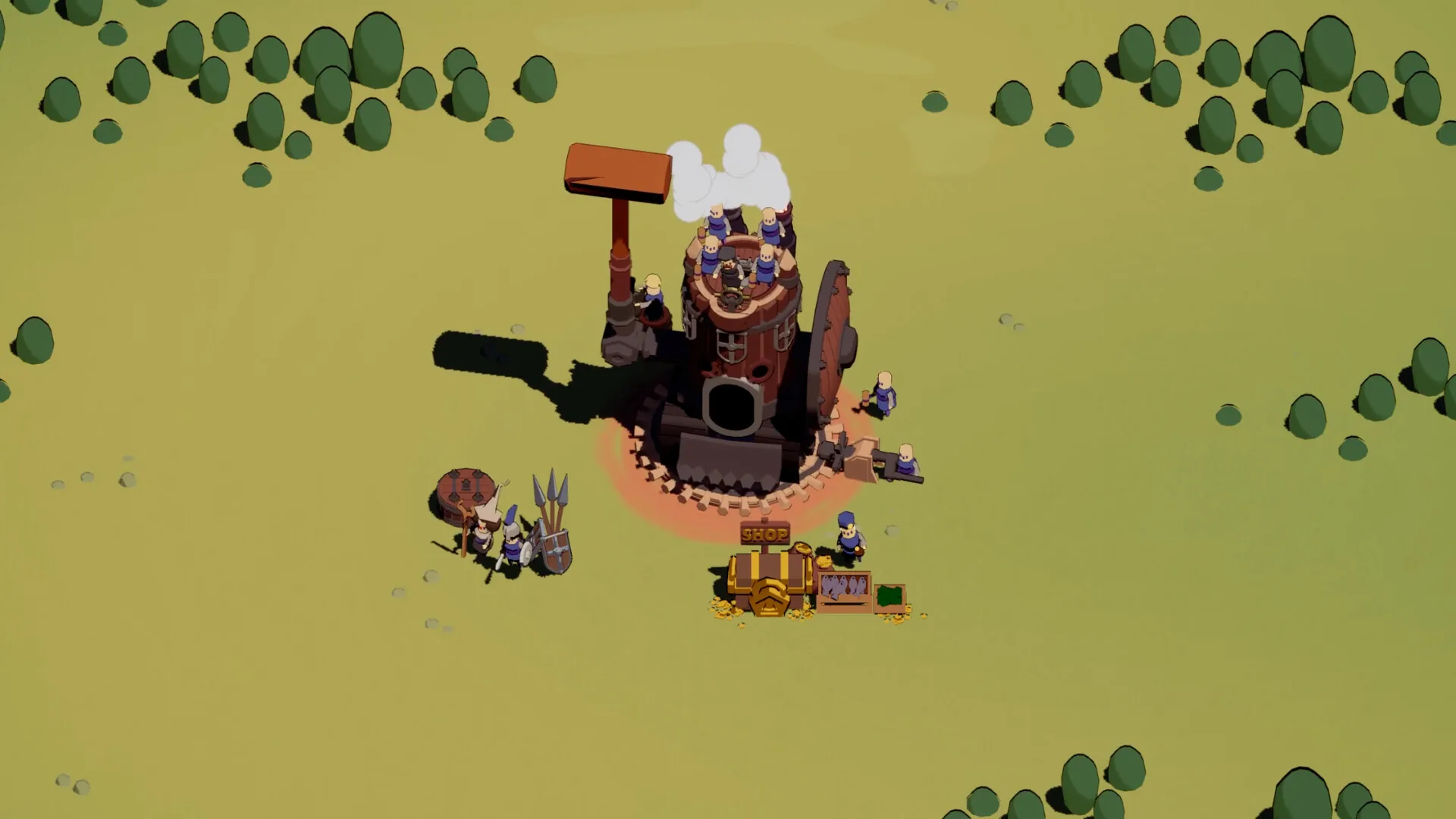 A small starting castle in Wanderburg with a hammer-wielding companion walking beside it next to a treasure cart