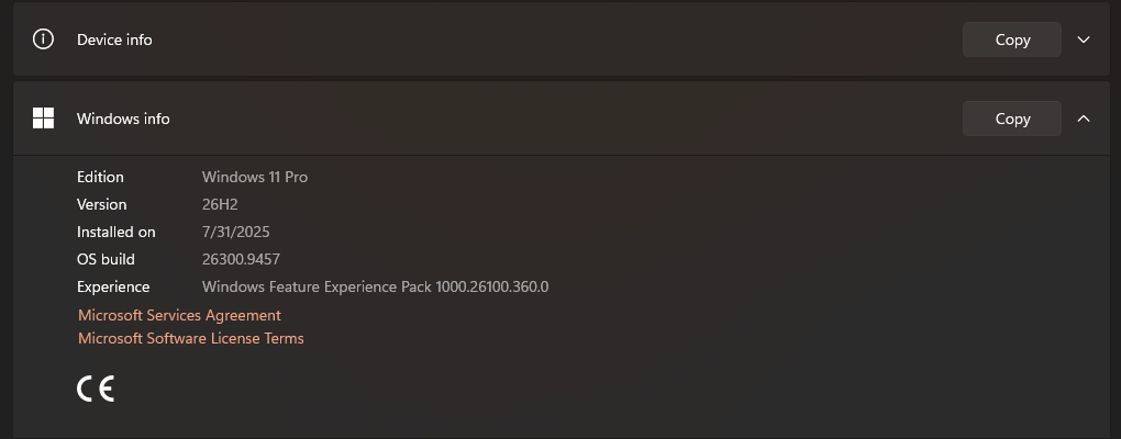 Windows 11 Settings About page, Windows info section showing Windows 11 Pro, version 26H2, OS build 26300.9457