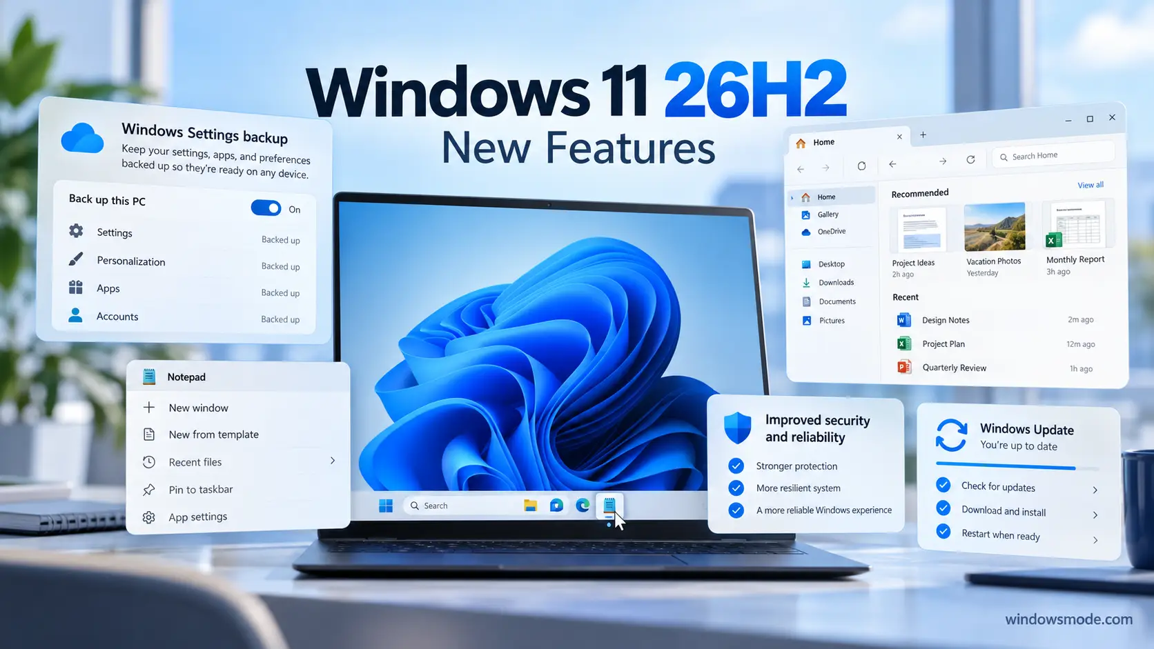 Windows 11 26H2 New Features title over a laptop with the Windows 11 bloom wallpaper, surrounded by panels for Windows settings backup, taskbar app actions, File Explorer Home, security improvements and Windows Update