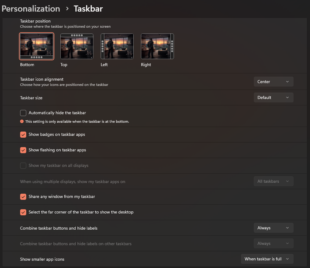 Windows 11 Personalization, Taskbar settings with the new Taskbar position picker for Bottom, Top, Left and Right, a Taskbar size menu, and a note that auto-hide only works when the taskbar is at the bottom