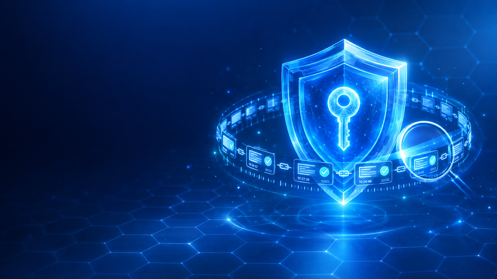 Microsoft illustration of a glowing shield with a key, surrounded by a ring of linked, checked audit log entries and a magnifying glass