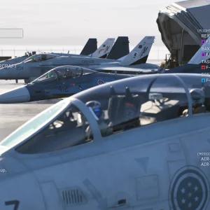 The standby menu on an aircraft carrier deck in Ace Combat 8, listing the aircraft and special weapons for REX, Baxter, Tasha and Coster beside parked jets