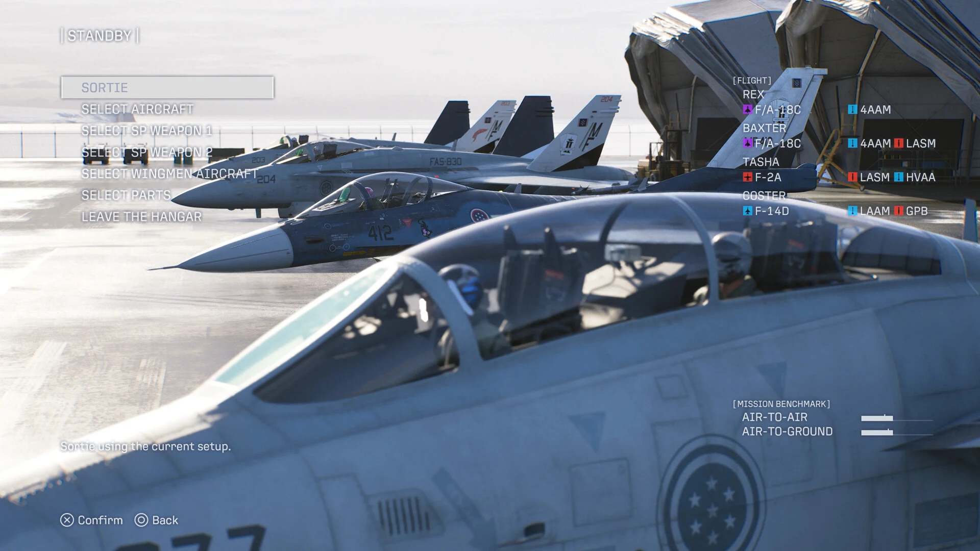 The standby menu on an aircraft carrier deck in Ace Combat 8, listing the aircraft and special weapons for REX, Baxter, Tasha and Coster beside parked jets
