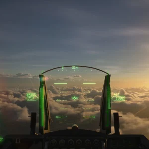 A cockpit view with a green head-up display over golden clouds as the sun sets on the horizon