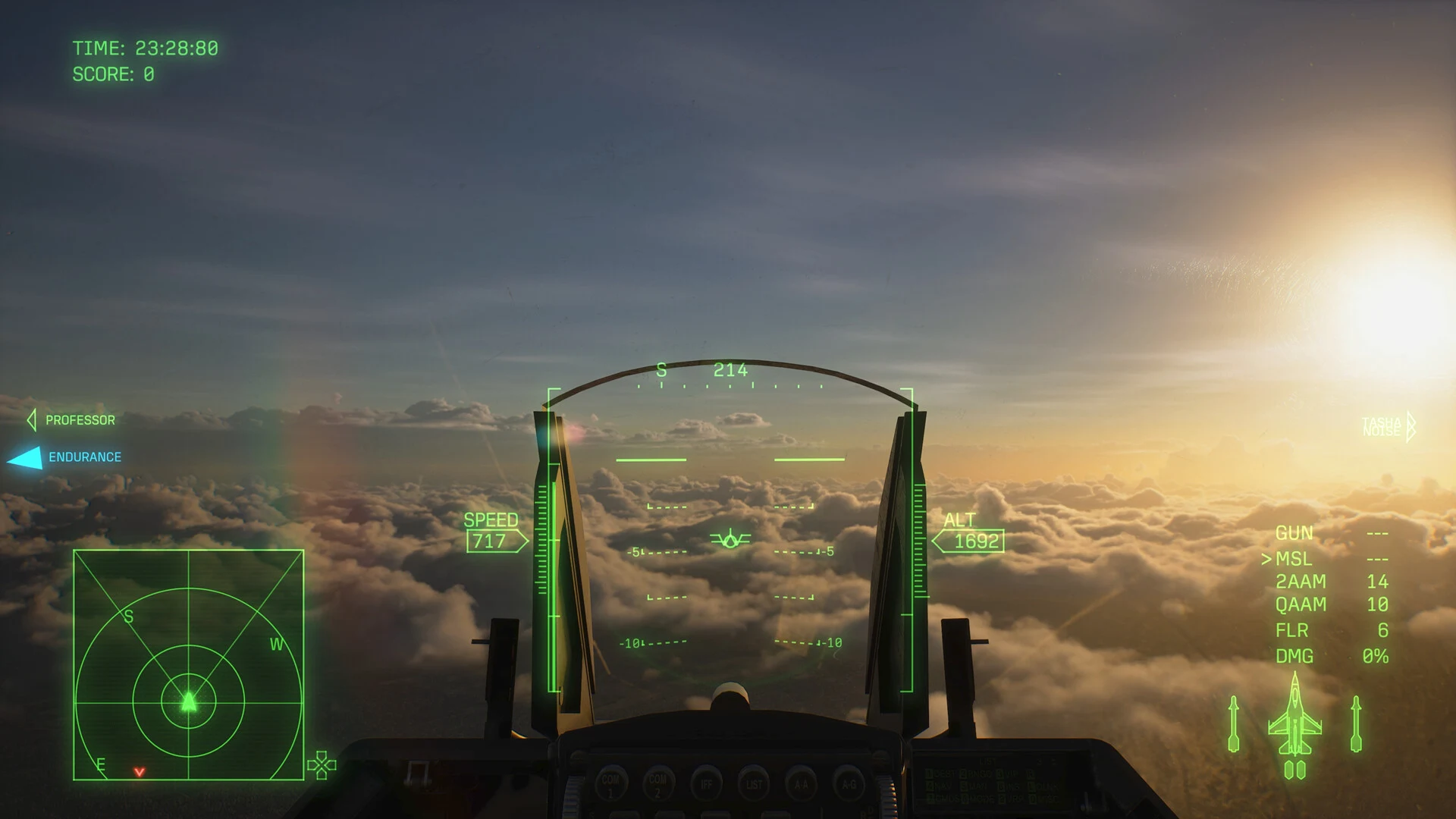 A cockpit view with a green head-up display over golden clouds as the sun sets on the horizon
